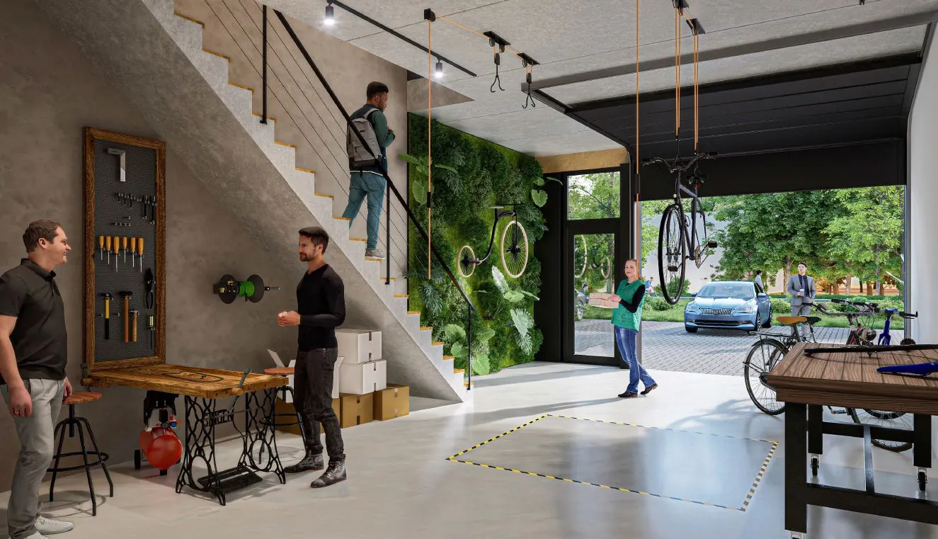 Moderne werkruimte in Hoofdweg The Hub met mensen, fietsen, een groene muur en gereedschapshoek.