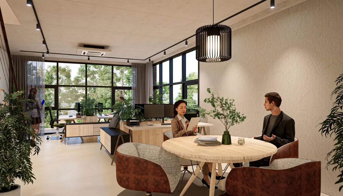 Modern kantoorinterieur in The Hub aan de Hoofdweg met mensen in overleg en werkend aan bureaus.