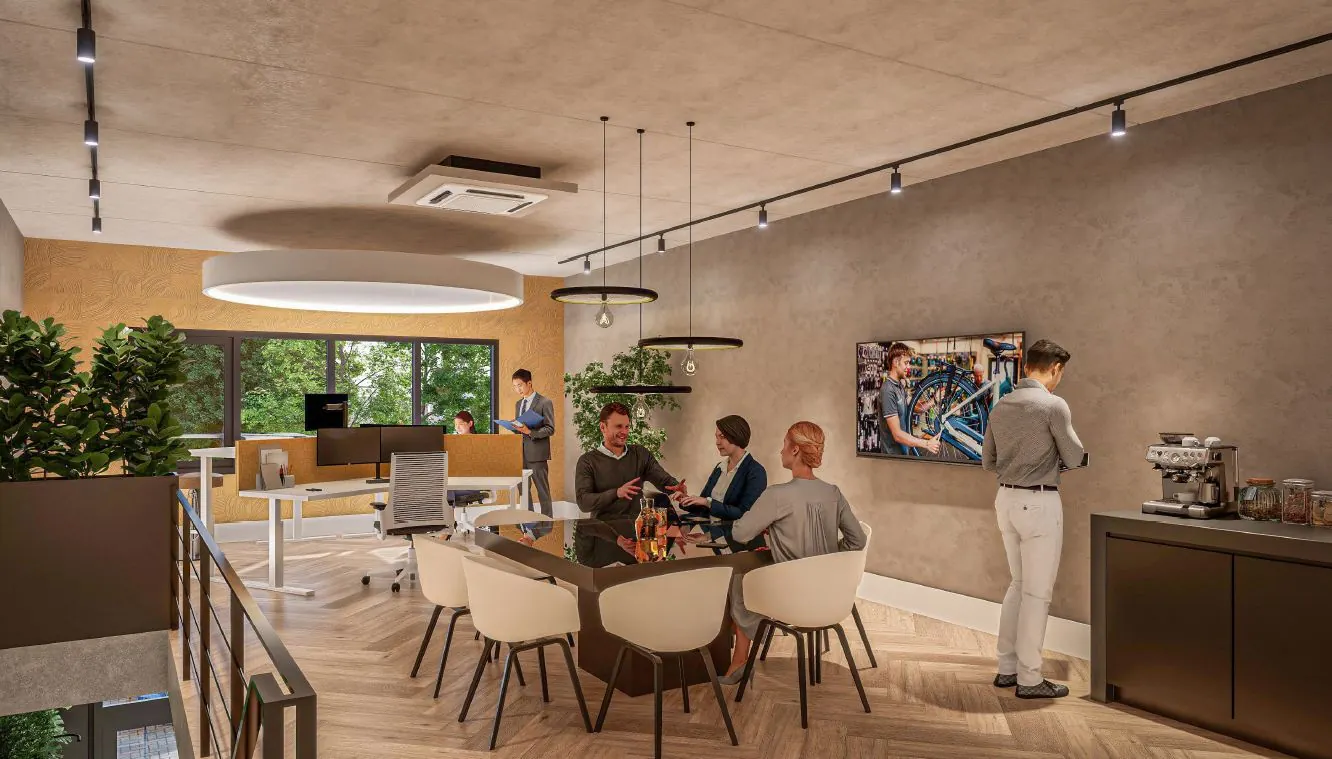 Moderne kantoorruimte bij Hoofdweg The Hub met mensen die vergaderen, werken en koffie halen.