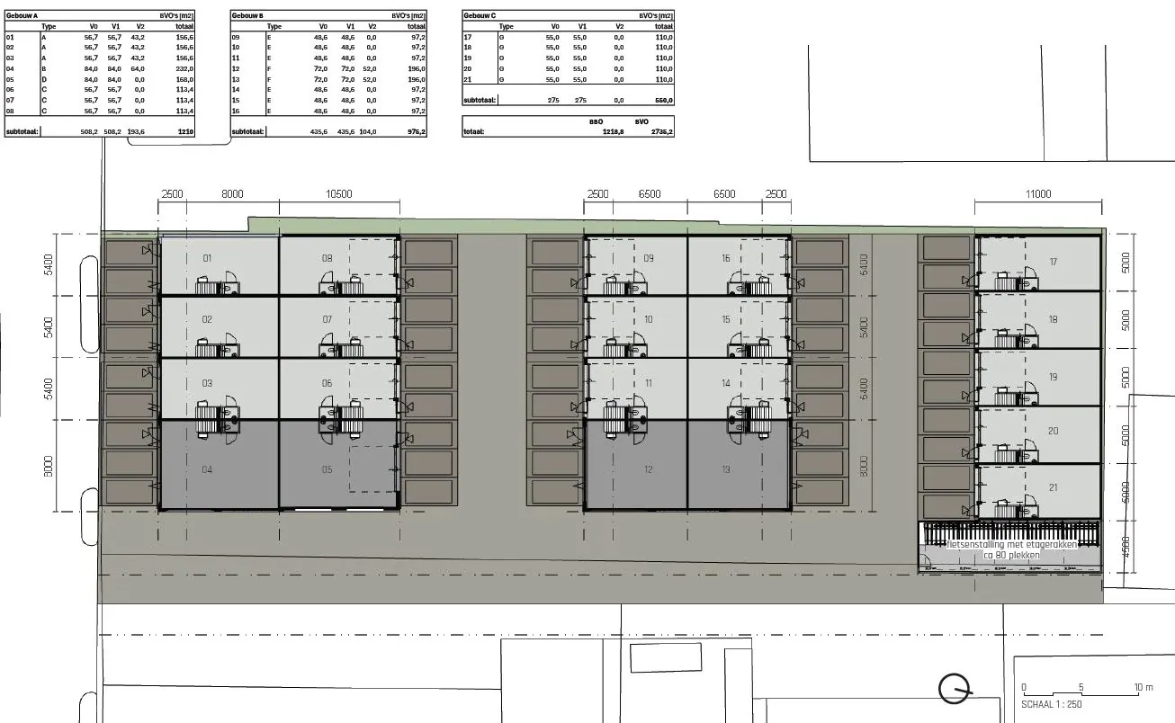 Plattegrond van project "Hoofdweg - The Hub" met indeling van drie gebouwen, units, parkeerplaatsen en een fietsenstalling.