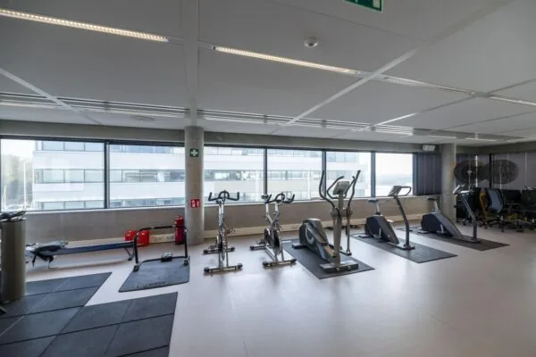 Fitnessruimte aan de Havenstraat met diverse cardioapparaten en uitzicht op een modern kantoorgebouw.