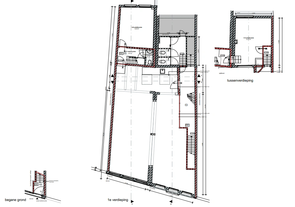 Architectonische plattegrond van Damrak 176 met de indeling van de begane grond, eerste verdieping en tussenverdieping.