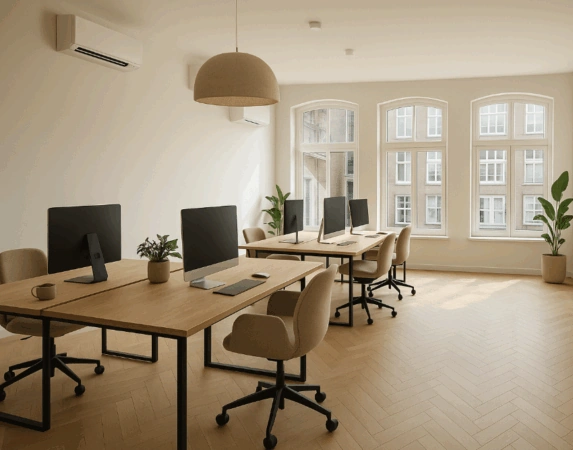 Licht en modern kantoor aan het Damrak met houten vloeren, grote ramen en werkplekken met computerschermen.