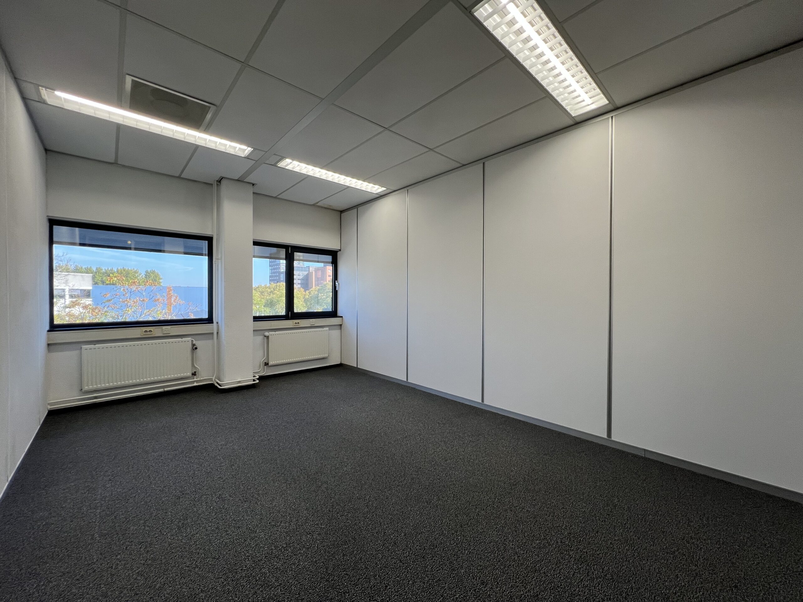 Lege kantoorruimte met grijze vloerbedekking en twee grote ramen met uitzicht op de buitenomgeving.