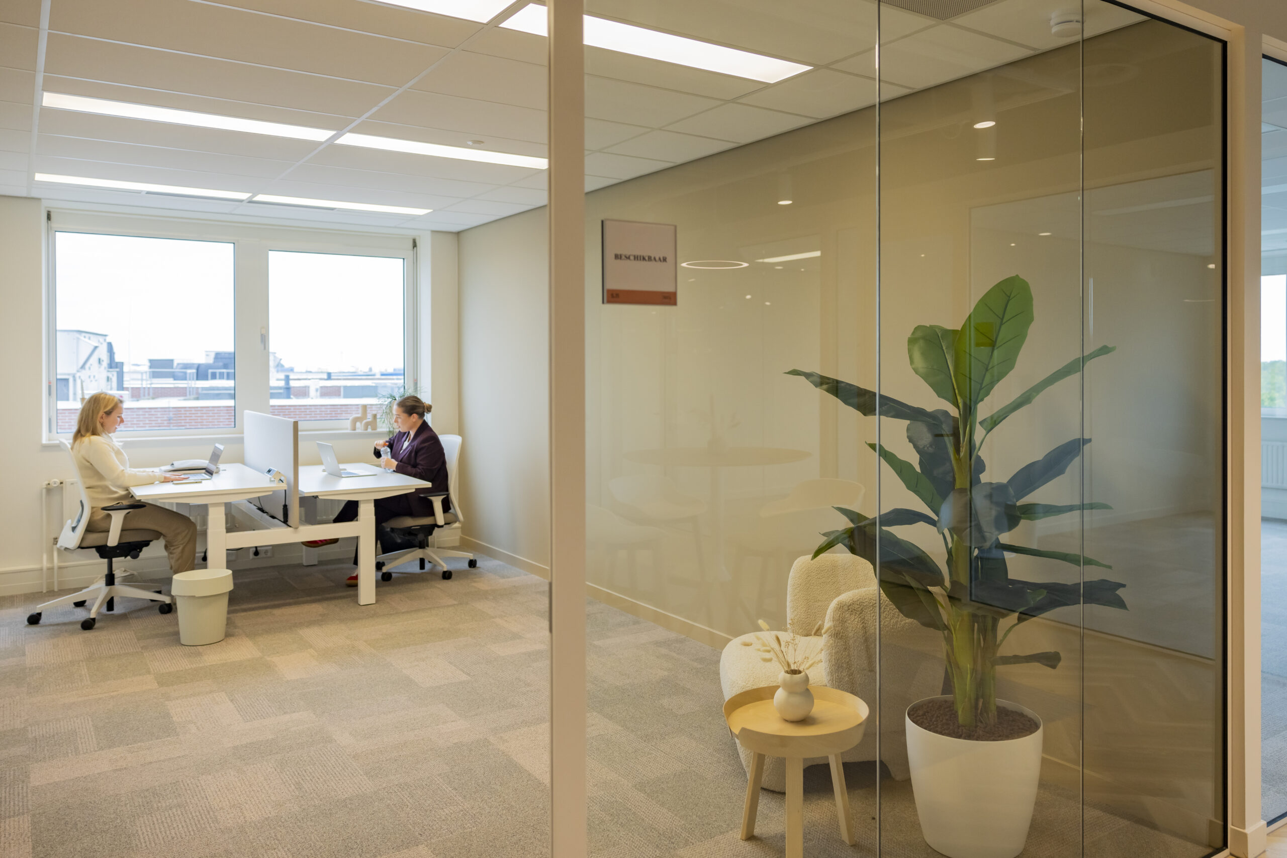 Twee mensen werken in een modern kantoor met glazen wanden en veel lichtinval.