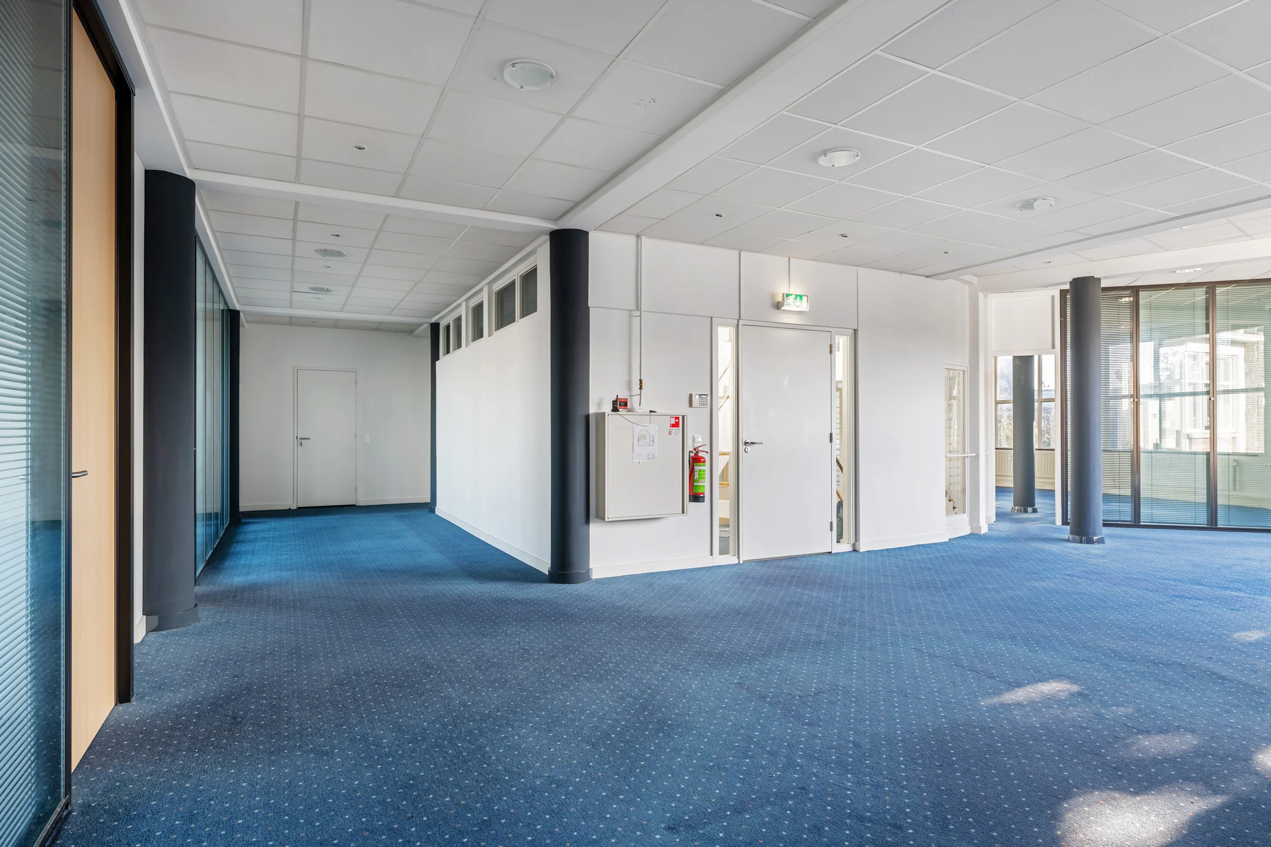 Bright and spacious office hallway with blue carpet, white walls, and glass partitions at Rozenlaan.