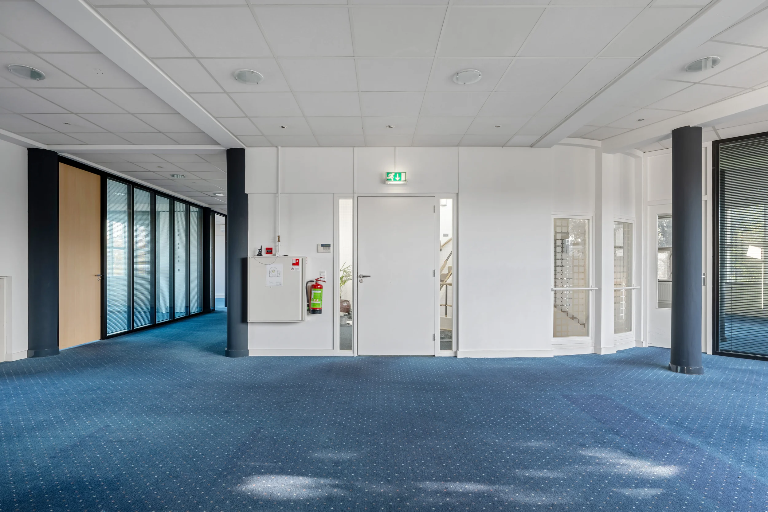 Modern office hallway with blue carpet, white walls, and glass-panel doors at Rozenlaan.
