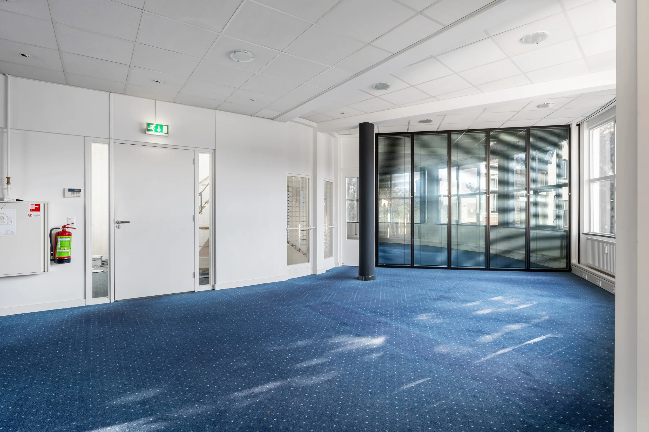 Bright, empty office space at Rozenlaan with blue carpet, white walls, and large windows with black-framed glass partitions.