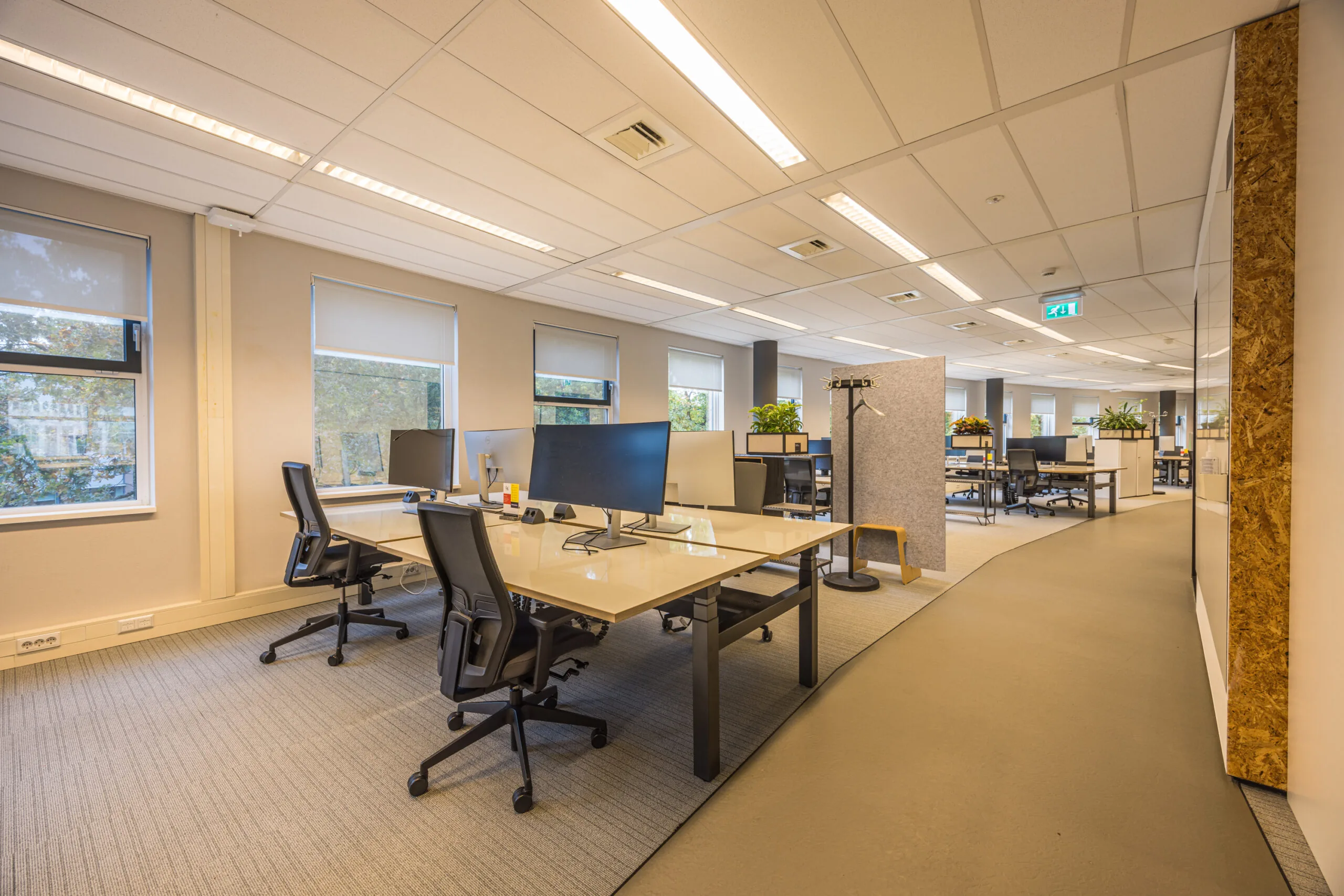 Modern open-plan office space with multiple desks, ergonomic chairs, and large windows providing natural light.