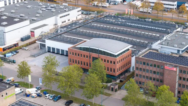 Aerial view of the Veldzigt industrial office complex featuring a mix of modern brick and industrial buildings.