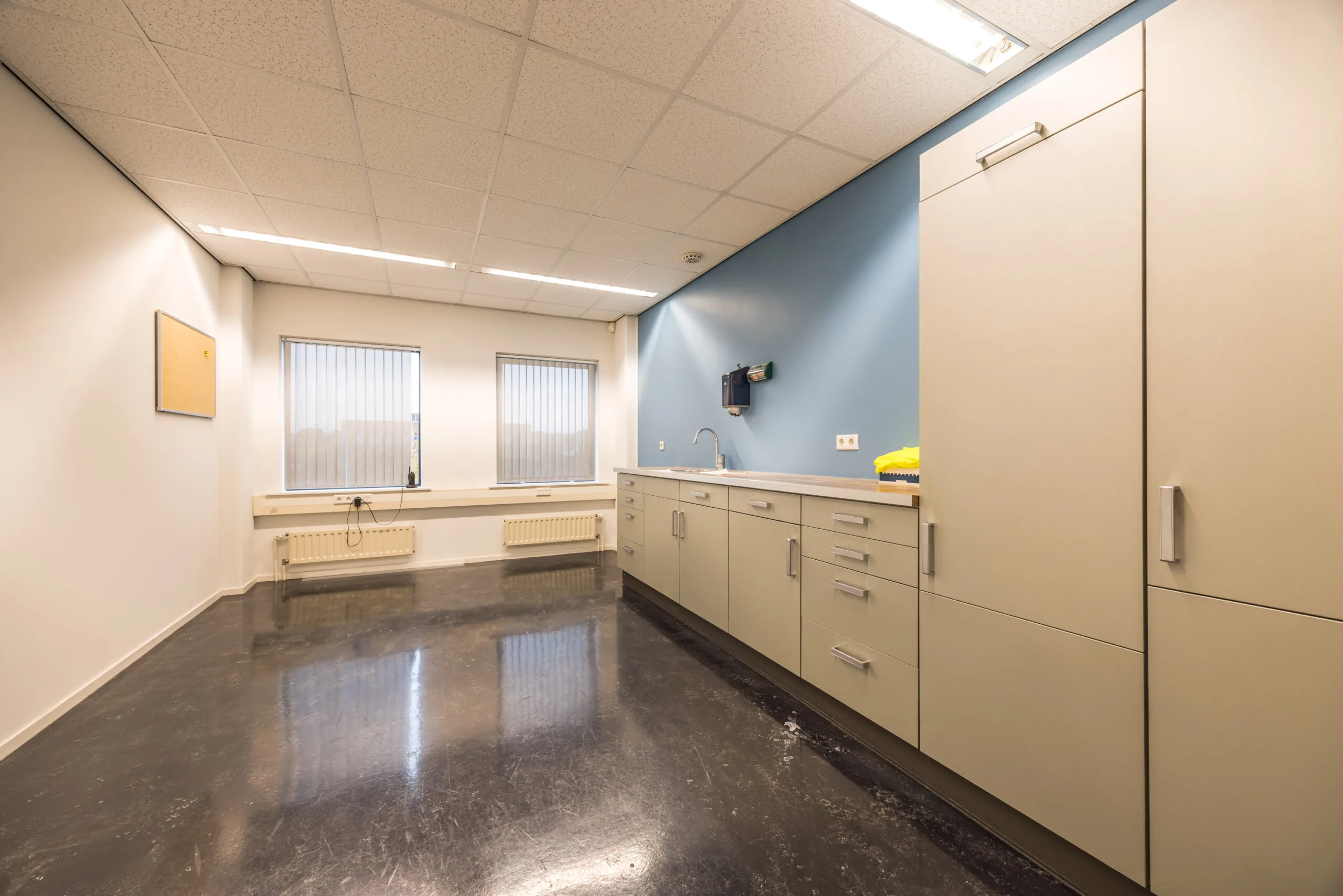 Clean and empty medical or laboratory room with built-in cabinets, a sink, and two windows with vertical blinds.