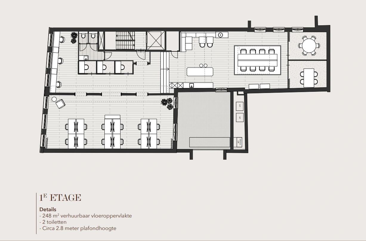 Floor plan of the first floor at Rokin 176, showing office spaces, meeting rooms, workstations, kitchen area, and restrooms.