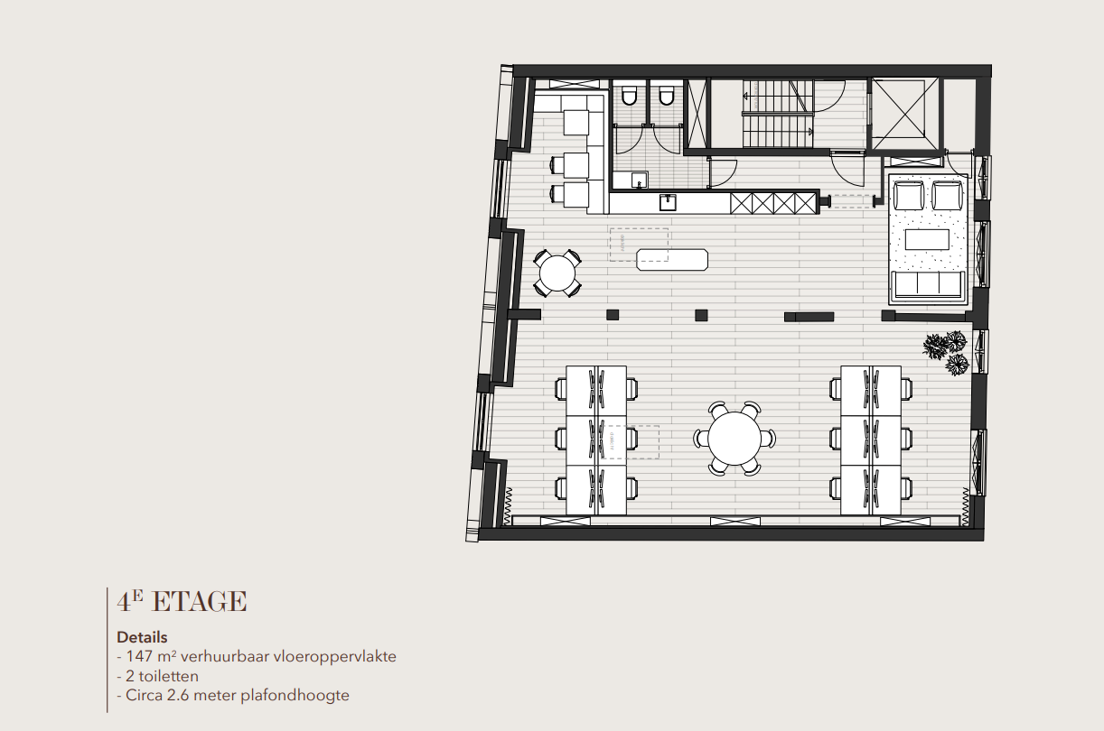 Floor plan of the 4th floor at Rokin, showing a 147 m² office space with workstations, lounge area, meeting tables, kitchenette, and two restrooms.