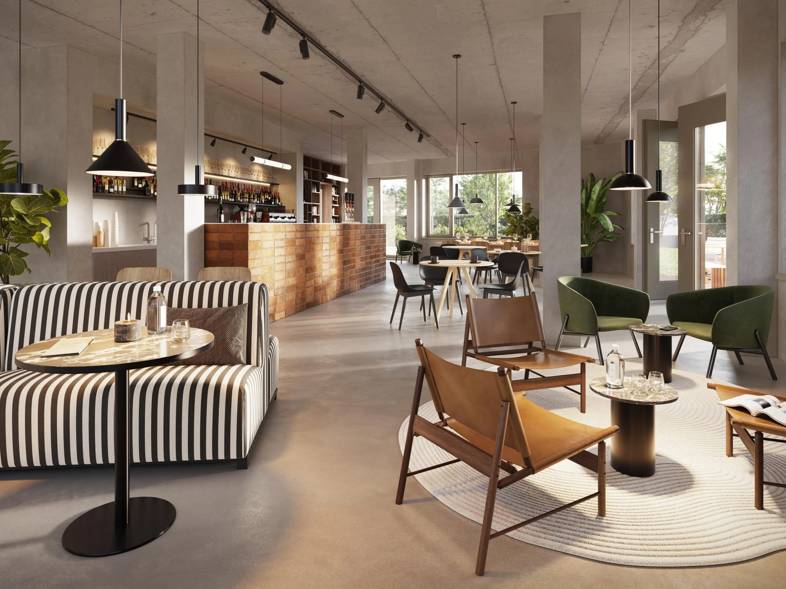 Modern café interior on Zaanstraat featuring stylish seating areas, a wooden bar, and large windows letting in natural light.