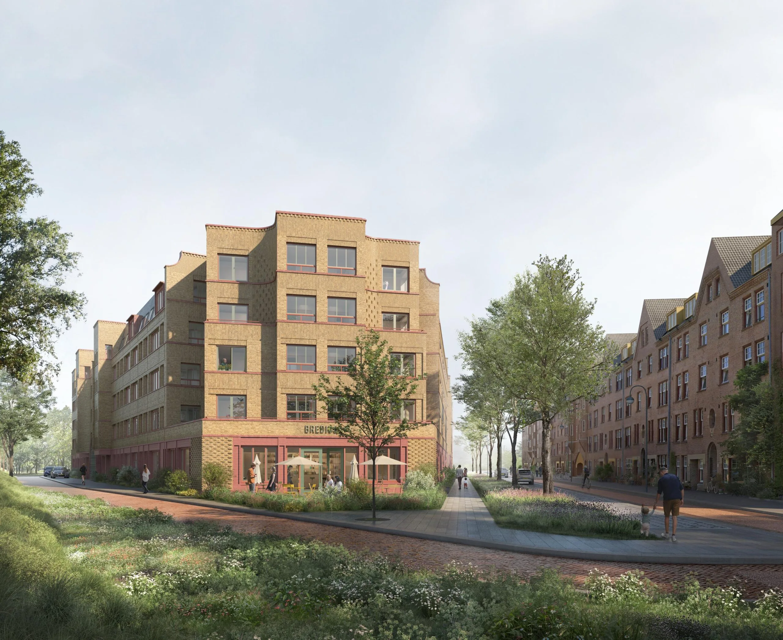New residential building on Zaanstraat with a café on the corner and a green, tree-lined street.