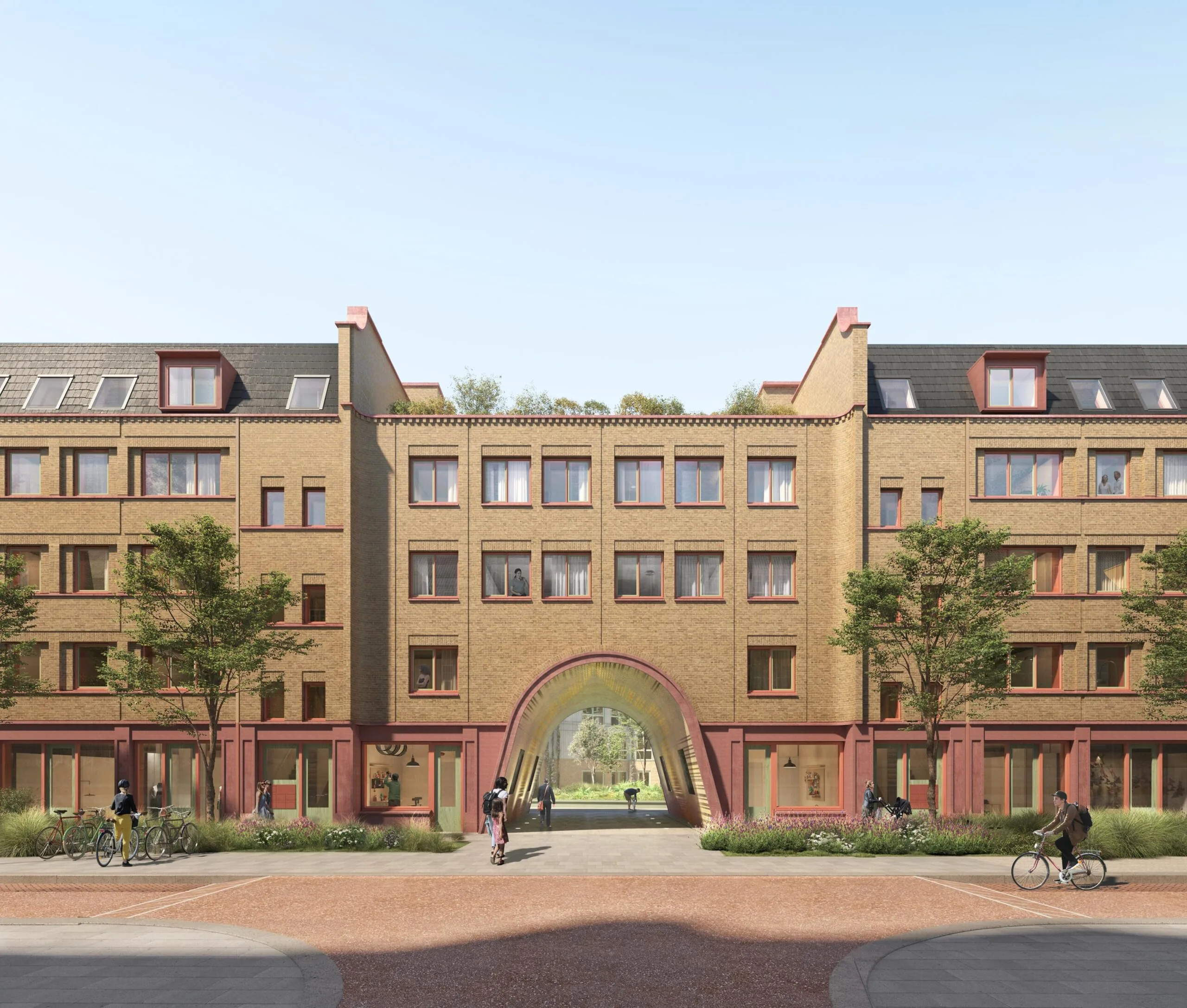 Modern apartment building on Zaanstraat with a central archway and people walking and cycling in front.