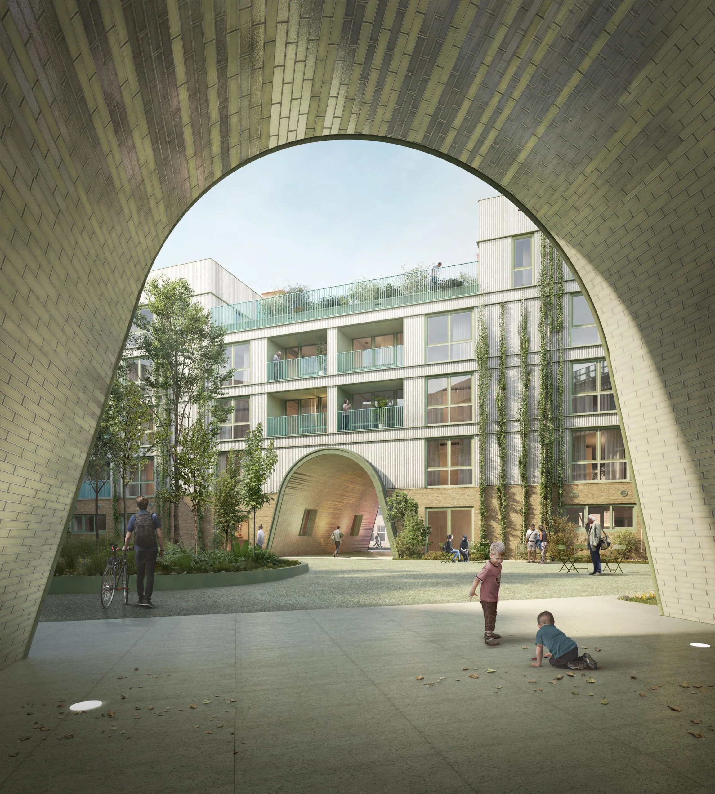 Modern residential courtyard view through a large brick archway on Zaanstraat, with people walking, playing, and relaxing.