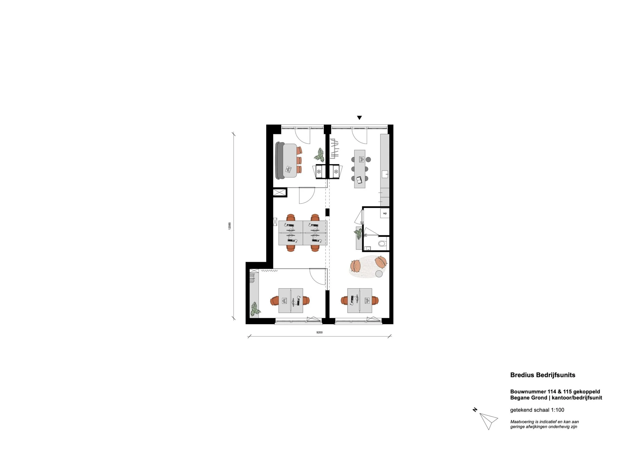 Floor plan of connected commercial units 114 and 115 on the ground floor of Bredius Bedrijfsunits, designed as office or business spaces.
