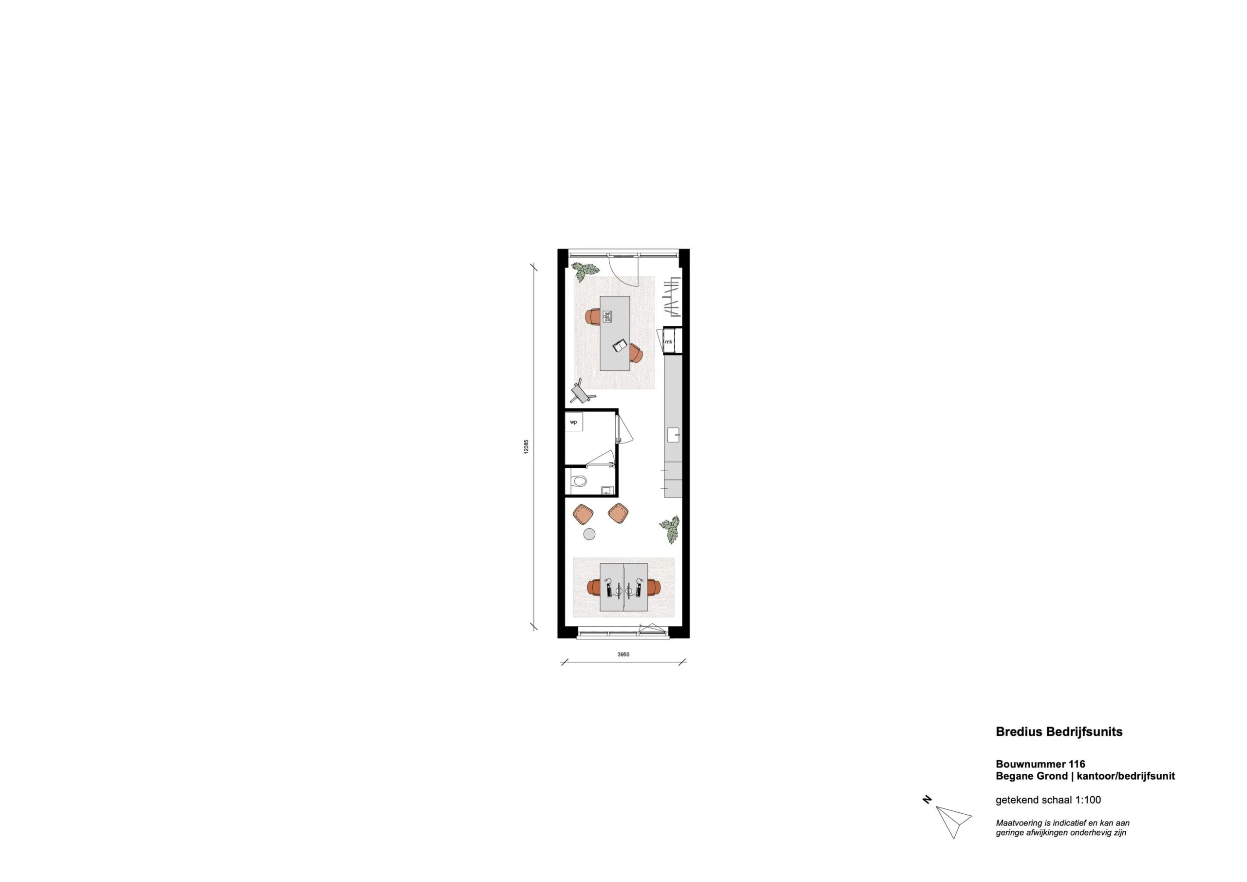 Floor plan of ground floor office unit 116 at Bredius Bedrijfsunits on Zaanstraat, showing a layout with workspaces, a meeting area, kitchenette, and restroom.