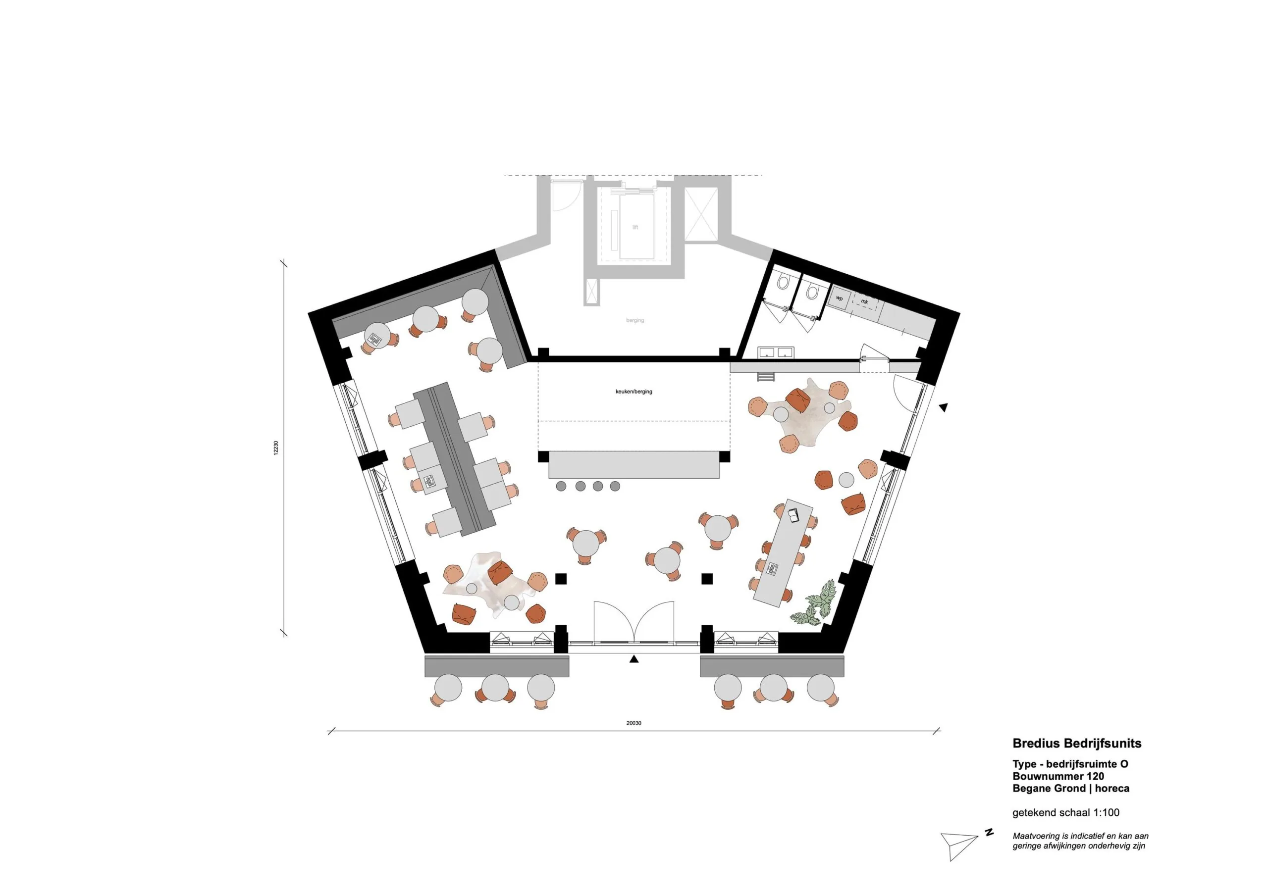 Floor plan of a commercial hospitality unit (Brediushof Unit O, Zaanstraat) with seating areas, kitchen, and restrooms on the ground floor.