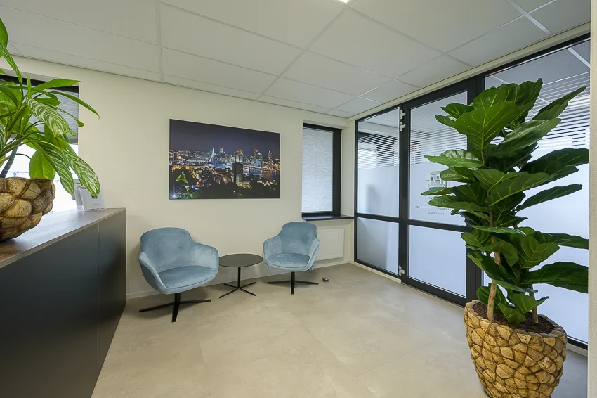 Modern waiting area with two blue chairs, a small round table, large indoor plants, and a cityscape photo on the wall.