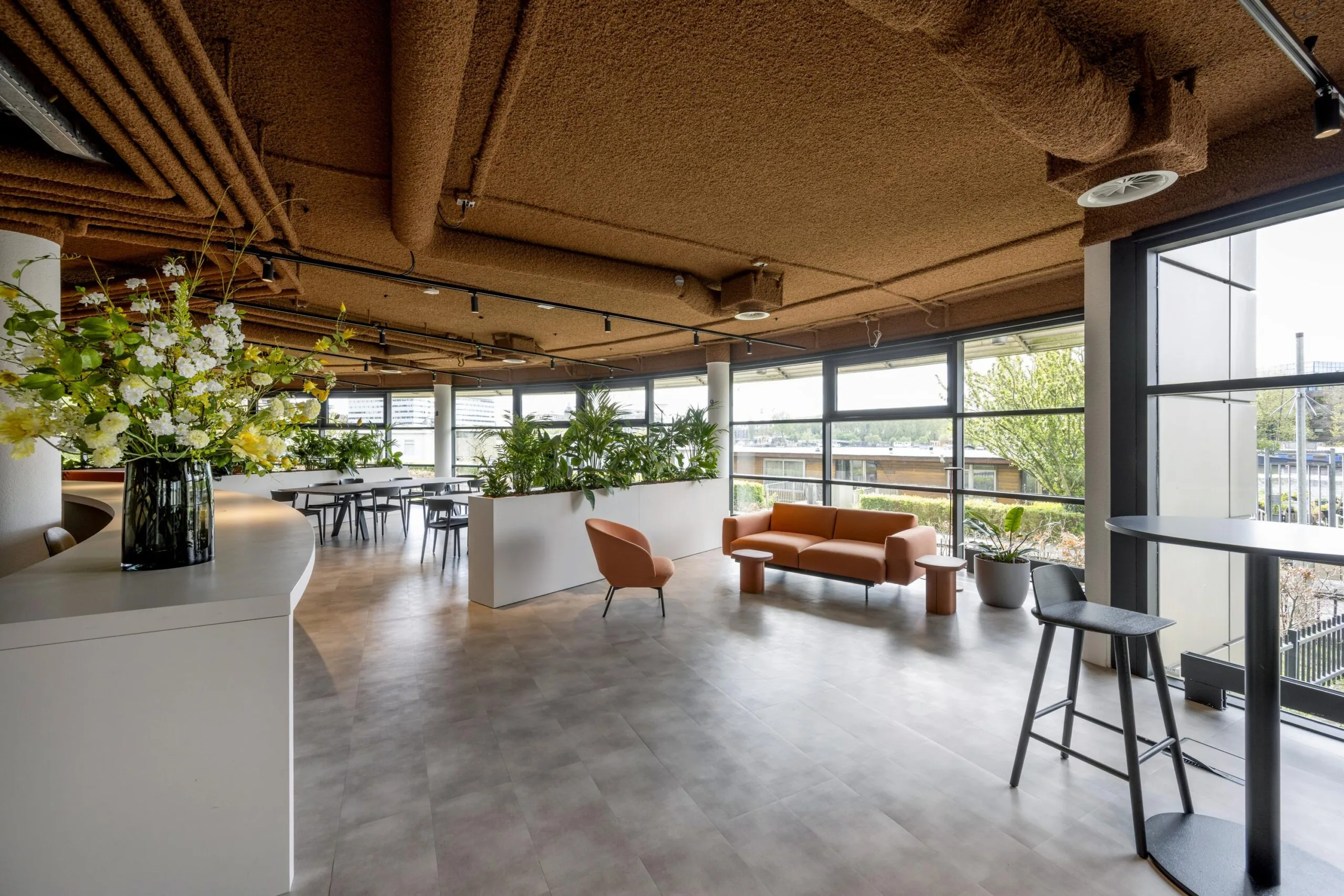 Modern lounge and meeting area in The Omval building with large windows, indoor plants, and contemporary furniture.