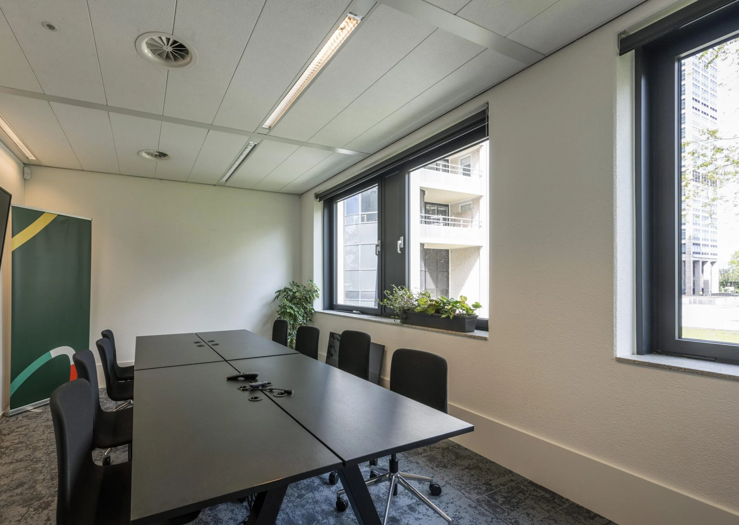 Modern meeting room at Omval 252611800 with a long black table, office chairs, large windows, and indoor plants.