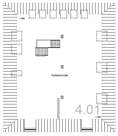 Floor plan of office space labeled "Kantoorruimte" with staircases and surrounding windows at Leidsegracht 4.01.