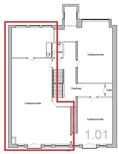 Floor plan of an office space at Leidsegracht 1.01 with rooms, toilet, and staircase highlighted by a red outline.