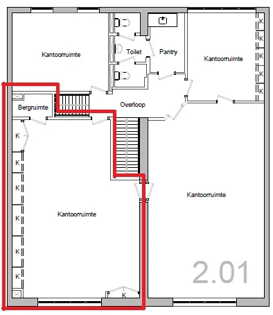Floor plan of office space 2.01 at Leidsegracht, highlighting the layout and rooms with a red outline.