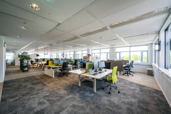 Een moderne, ruime kantoorruimte met werkplekken, bureaustoelen en een groene plant.