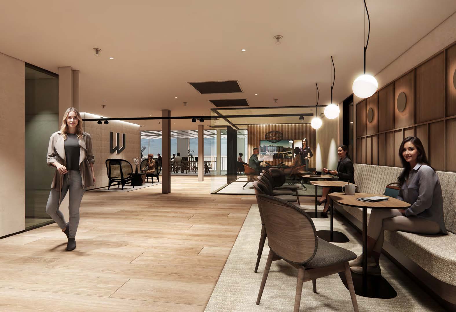 Modern lounge area at Nieuwe Vaart with people working and socializing in a stylish, well-lit interior.