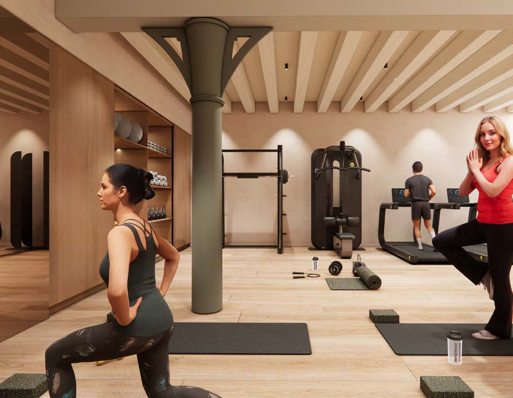 People working out in a modern gym with wooden accents at Nieuwe Vaart.