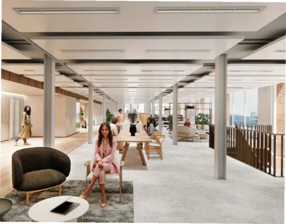 Modern open-plan office space at Nieuwe Vaart with people working and relaxing in a bright, stylish interior.
