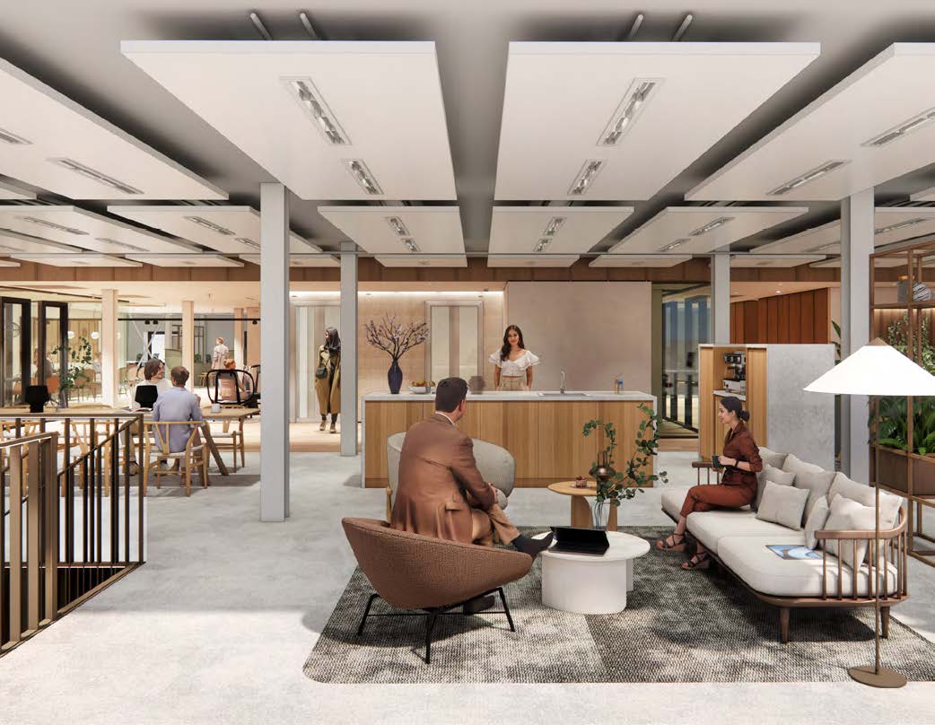 Modern office lobby at Nieuwe Vaart with people interacting in a stylish, open seating area.