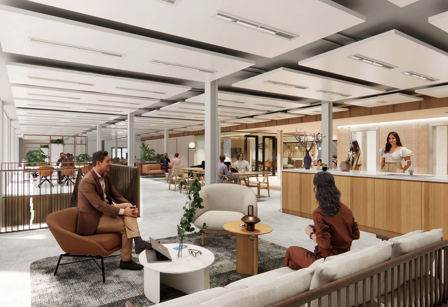 Modern open-plan office interior at Nieuwe Vaart with people collaborating and relaxing in a stylish lounge area.