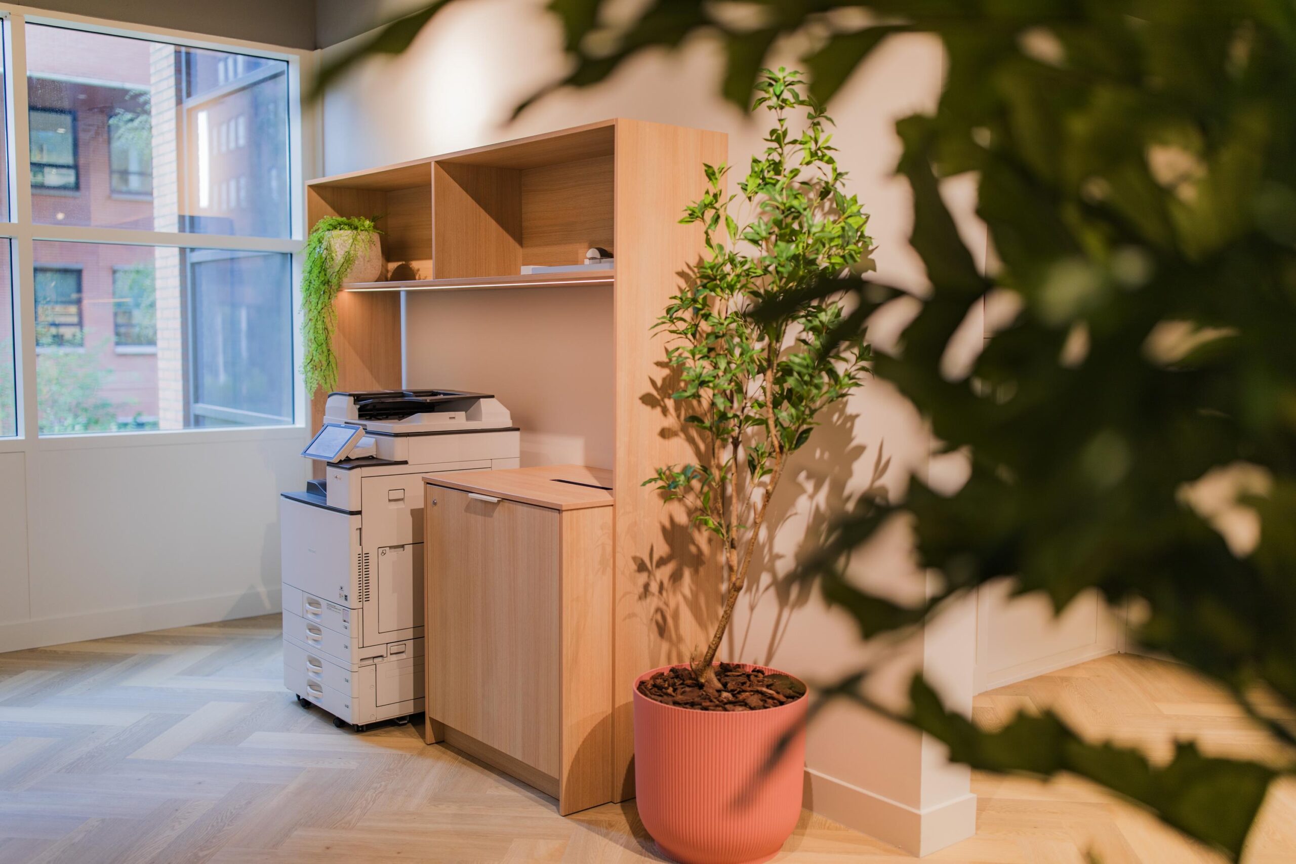 Modern office corner with a printer, wooden cabinet, and indoor plants near a large window on Hullenbergweg.