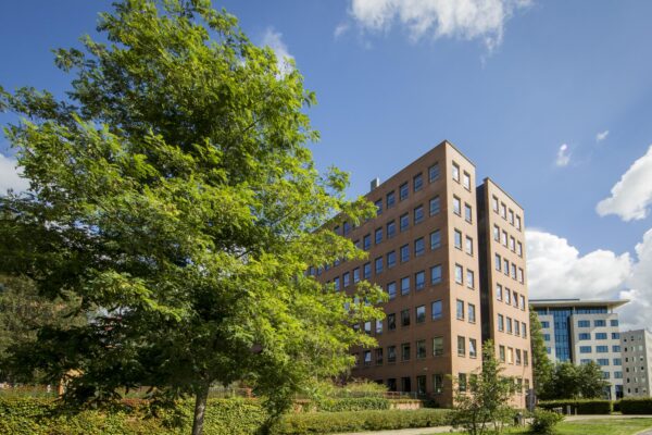 Modern office building on Hullenbergweg surrounded by greenery under a blue sky.