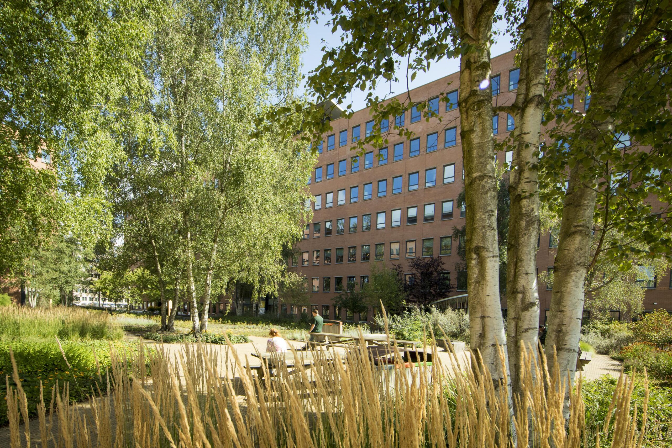 Office building on Hullenbergweg surrounded by a green, tree-filled courtyard with benches and walking paths.