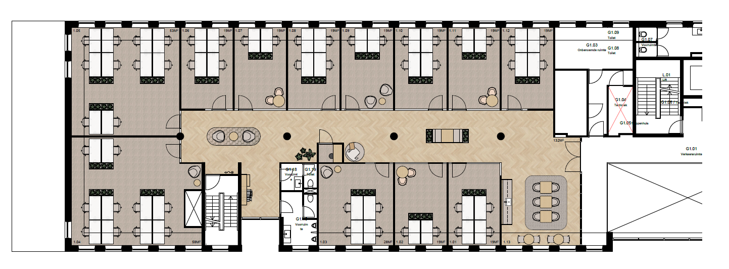 Floor plan of an office space at Hullenbergweg, featuring multiple workstations, meeting rooms, and common areas.