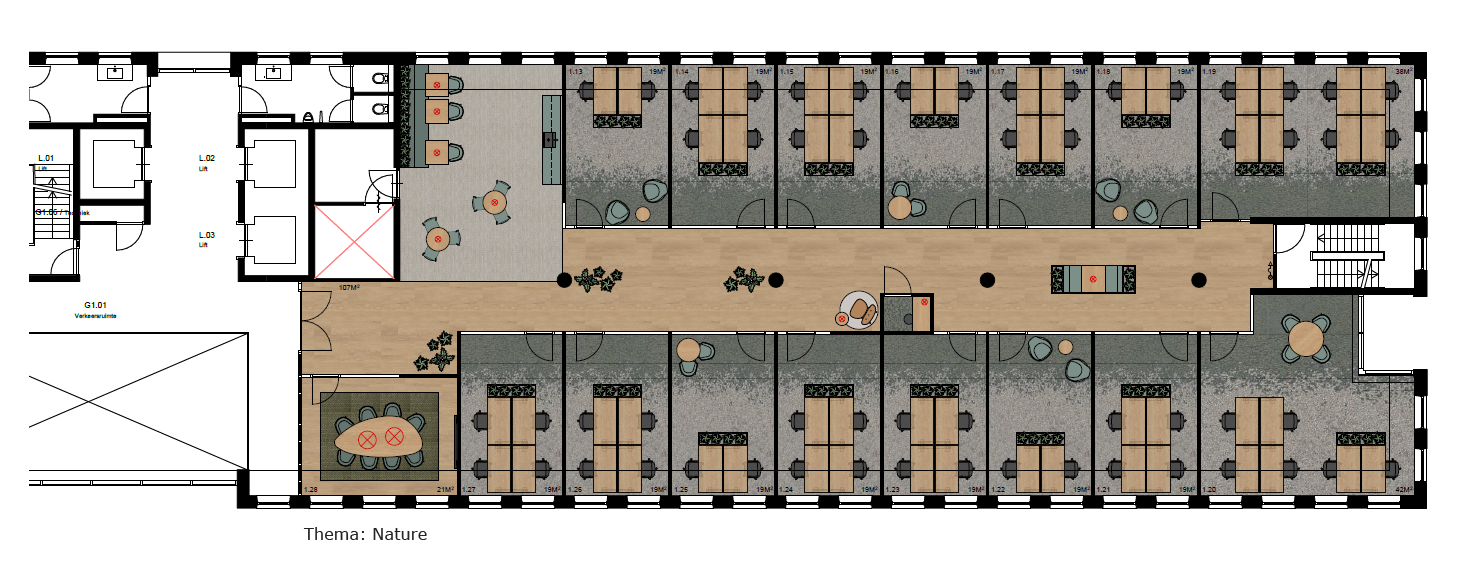 Floor plan of an office space at Hullenbergweg themed "Nature", featuring multiple workstations, meeting areas, and shared facilities.