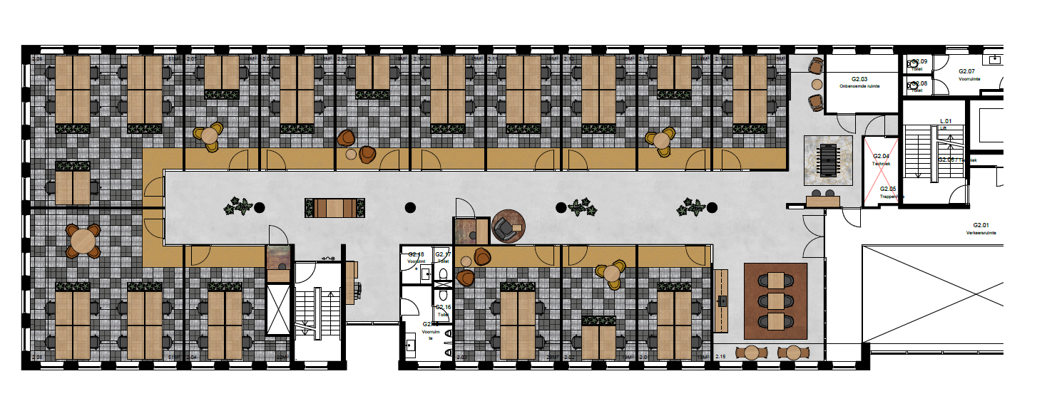 Floor plan of an office space on Hullenbergweg showing workstations, meeting rooms, lounge areas, and facilities.
