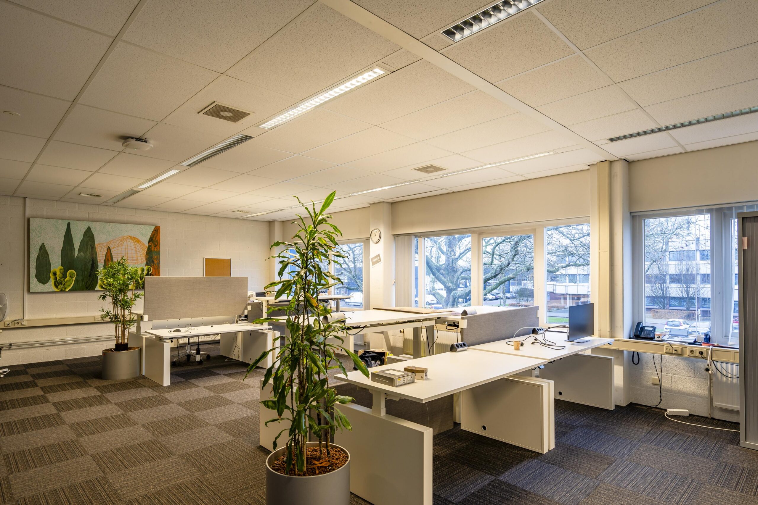 Een moderne kantoorruimte met bureaus, computers, kamerplanten en grote ramen met uitzicht naar buiten.