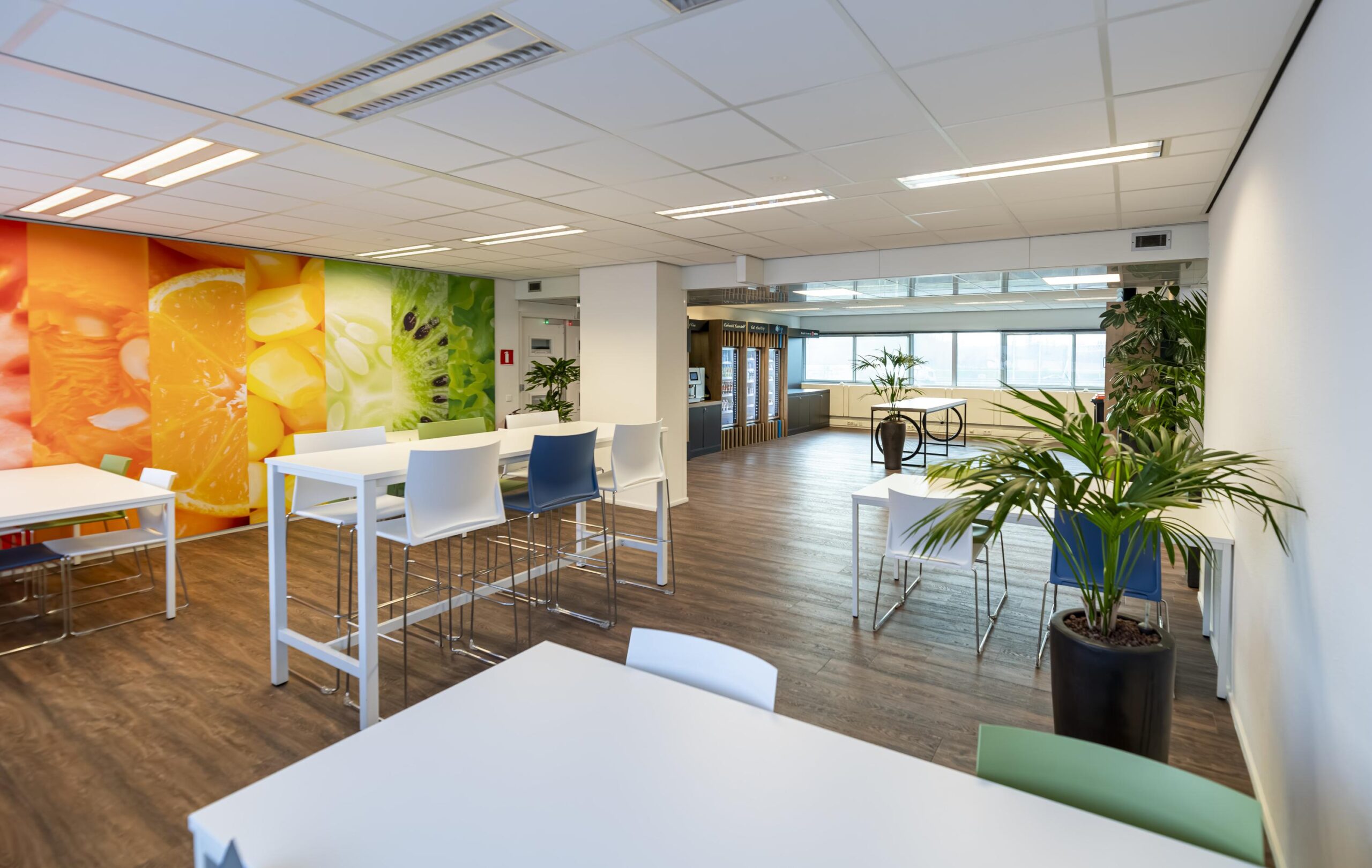 Moderne bedrijfskantine aan de Seattleweg met kleurrijke fruitmuur, hoge tafels en veel groen.