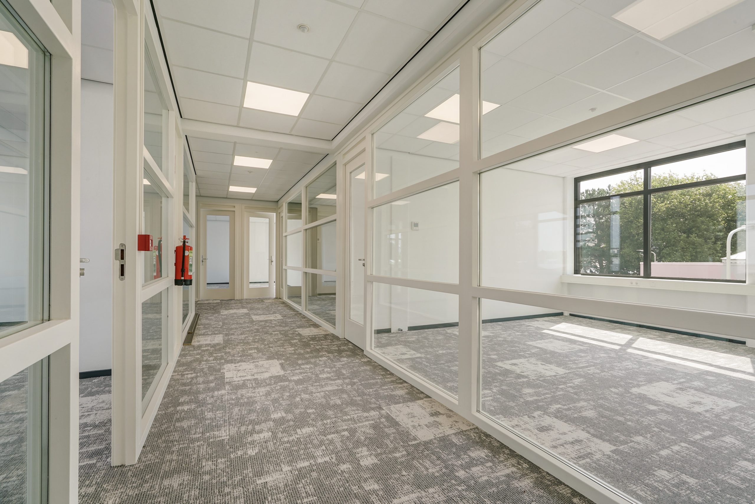 Lichte kantoorruimte aan de Mercuriusweg met glazen scheidingswanden en grijs tapijt.