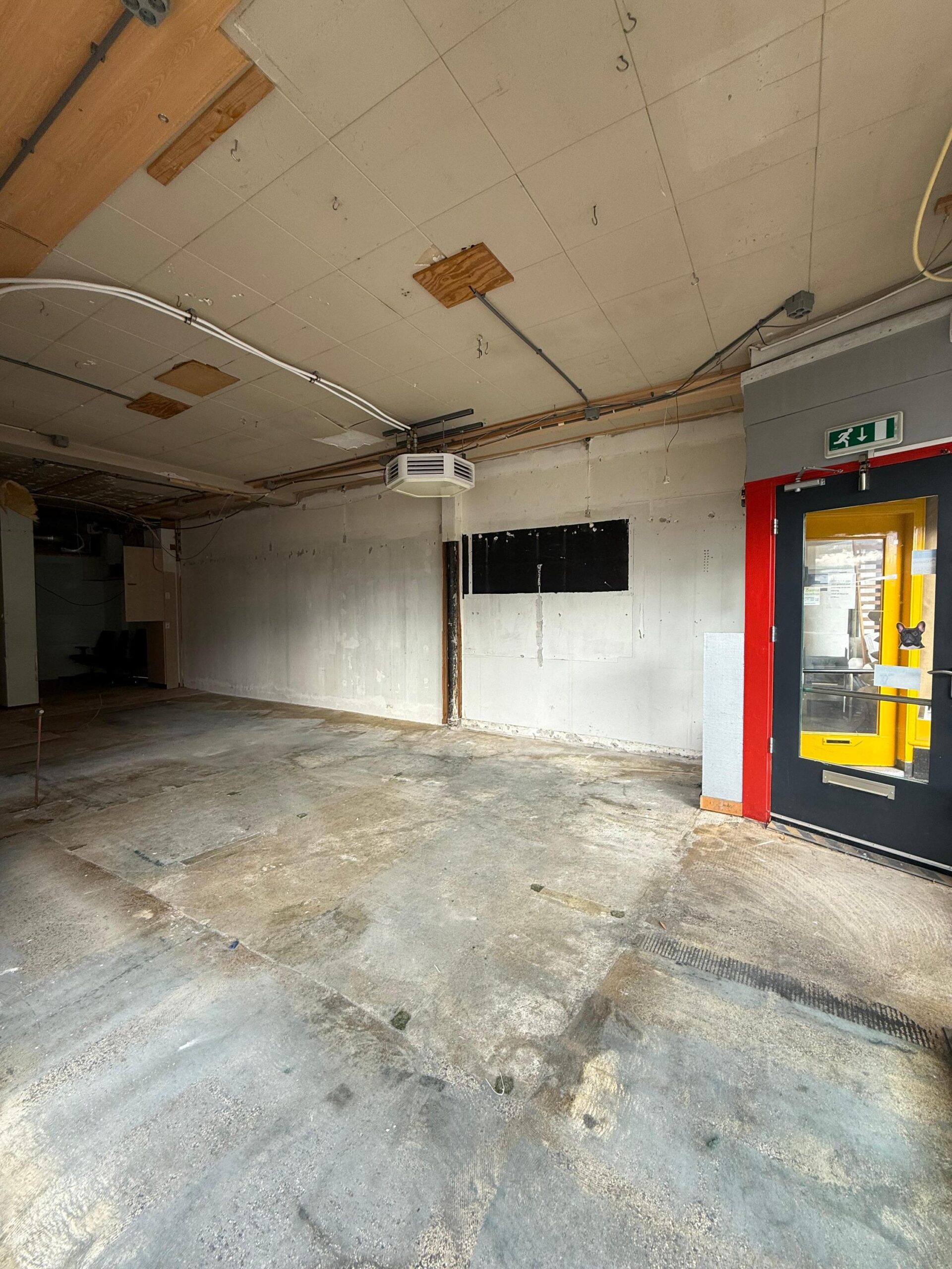 Leegstaande, deels gestripte ruimte aan de Prinses Mariannelaan met betonnen vloer en zichtbare bedrading aan het plafond.