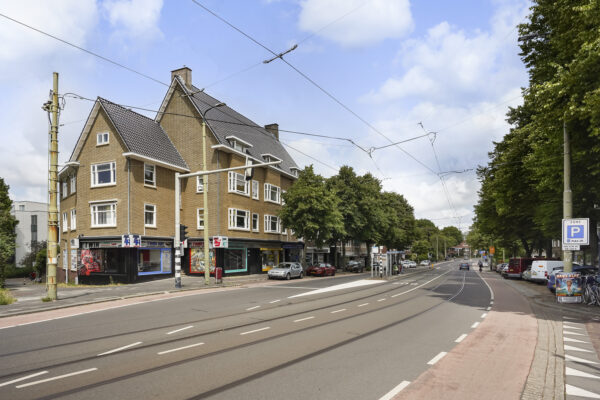 Straatbeeld van de Prinses Mariannelaan met winkels, woningen, tramrails en geparkeerde auto's op een zonnige dag.