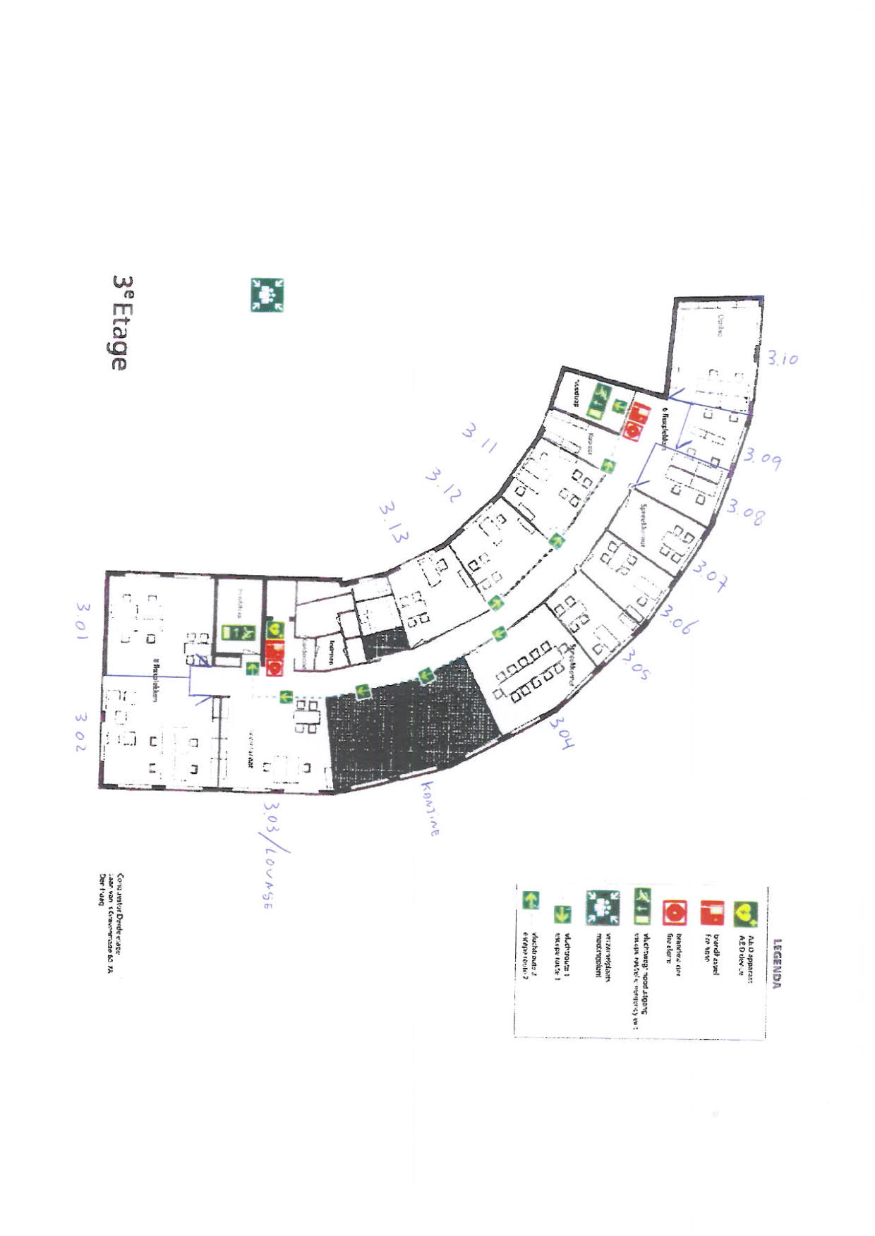 Plattegrond van de derde etage van het gebouw aan de Laan van s-Gravenmade met kamernummers, vluchtroutes en veiligheidsvoorzieningen.