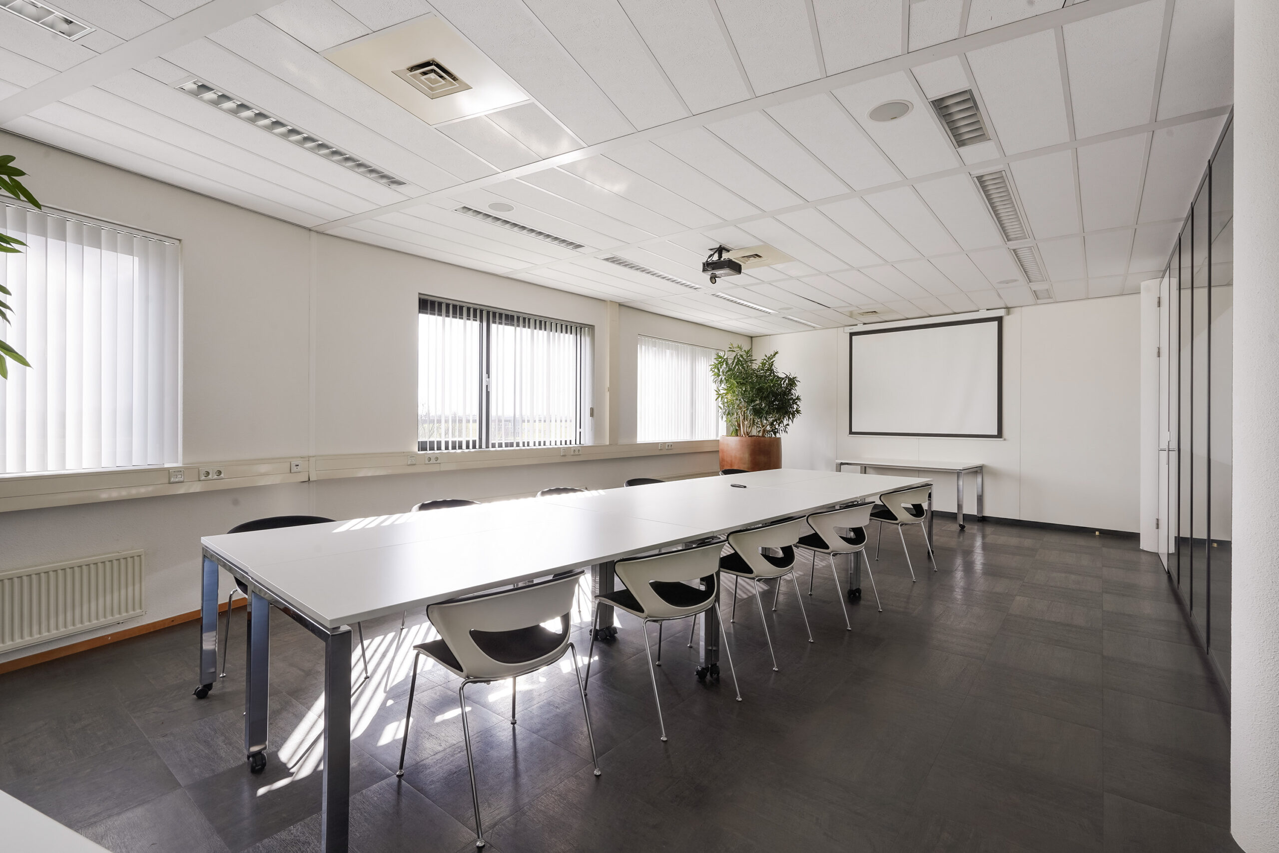 Vergaderruimte aan de Laan van S-Gravenmade met lange tafel, moderne stoelen, projectiescherm en grote plant.