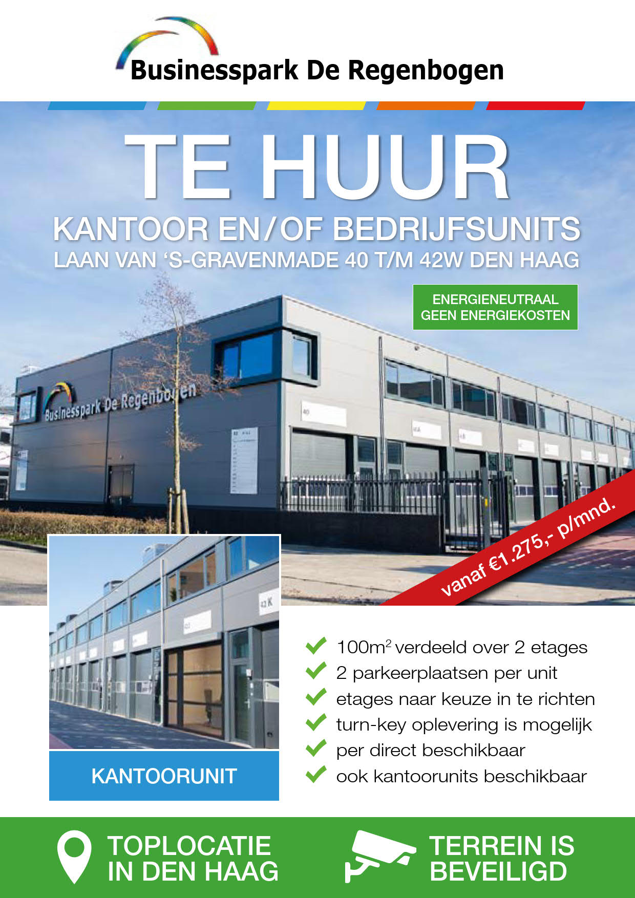 Promotieposter voor de verhuur van kantoor- en/of bedrijfsunits aan de Laan van ’s-Gravenmade in Den Haag, met informatie over locatie, prijzen en voorzieningen.